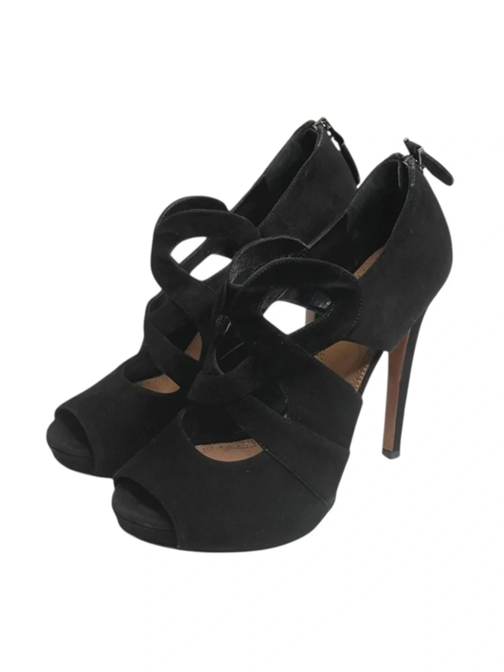 Alaia 𖦹 Cut Out Peep Toe Platform Stiletto Heel Sandals 𖦹 Black Suede 𖦹 37